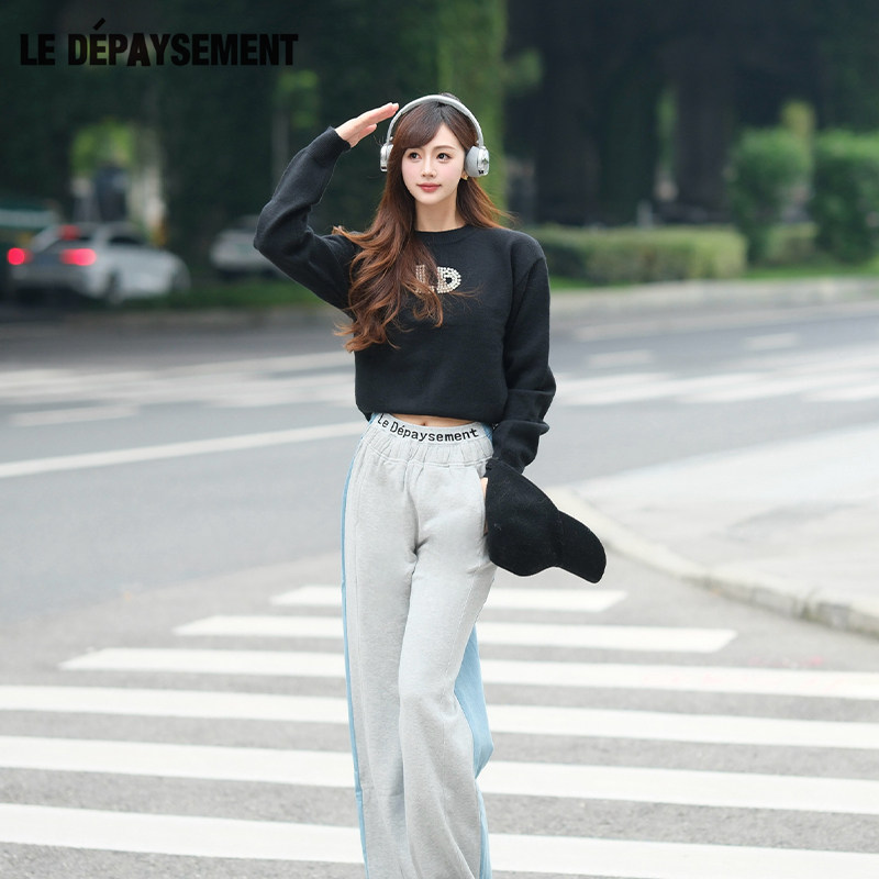 Le Depaysement韩式休闲露背绑带订钻logo毛衣女宽松百搭减龄毛衣