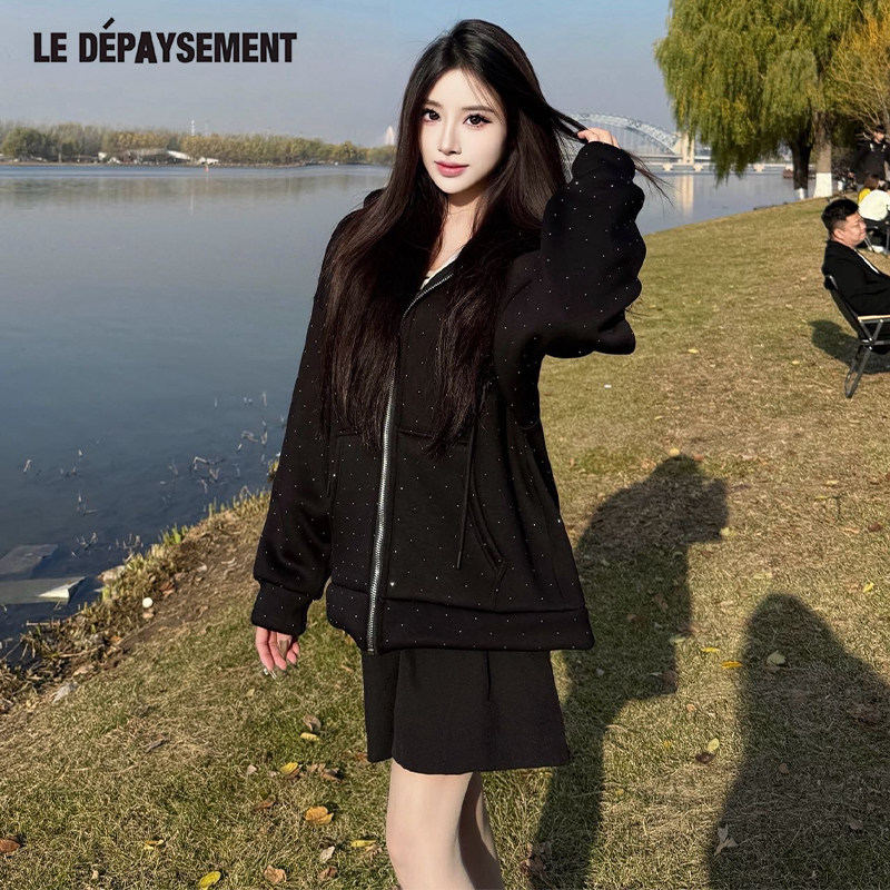 Le Depaysement羊羔绒满钻拉链卫衣外套连帽拉链棉服女宽松慵懒风