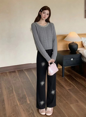 Le Depaysement闪钻烟花羊毛针织阔腿裤休闲裤女小众立体花朵长裤