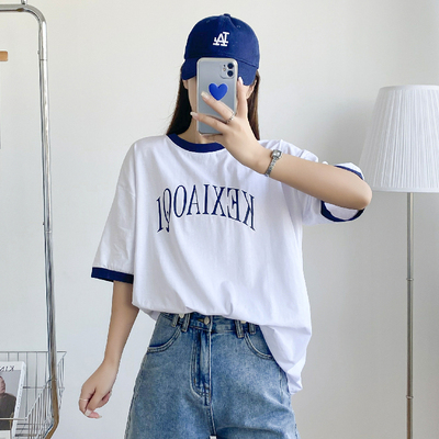 8574#（实拍二）孕妇 大码 简约 字母 拼接袖 短袖 上衣