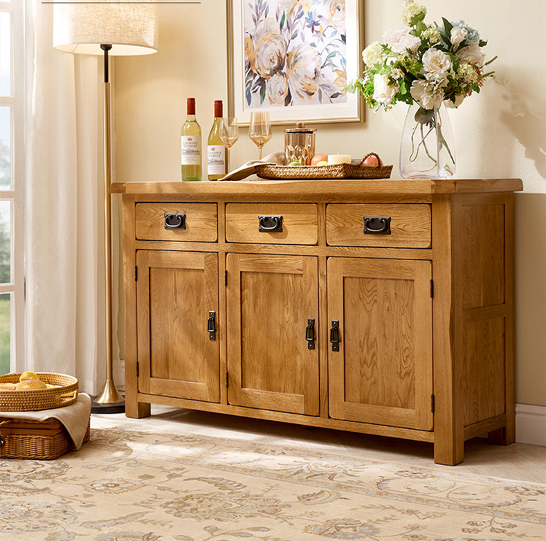 ft全实木餐边柜橡木碗柜欧式简约储物柜三门带三抽屉厨房储物餐柜