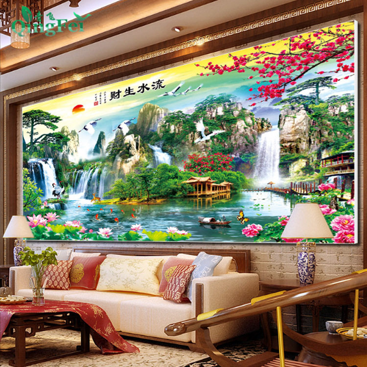 青飞山水画流水生财十字绣财运亨通风景满绣生财有道客厅有钻石画