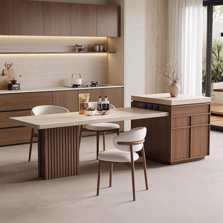 一体古风岛台家用餐桌多功能实木岩板伸缩胡桃洞石中岛小户型