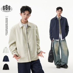 ACE春秋简约潮流设计感老钱风翻领工装夹克男生宽松老干部风外套
