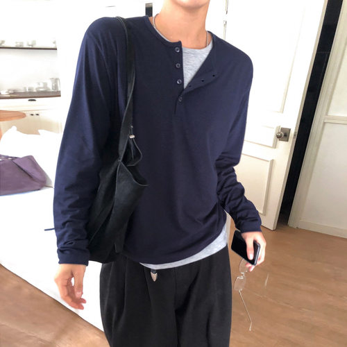 MYQ假两件长袖T恤男士秋季新款宽松亨利领打底衫韩系人夫感穿搭