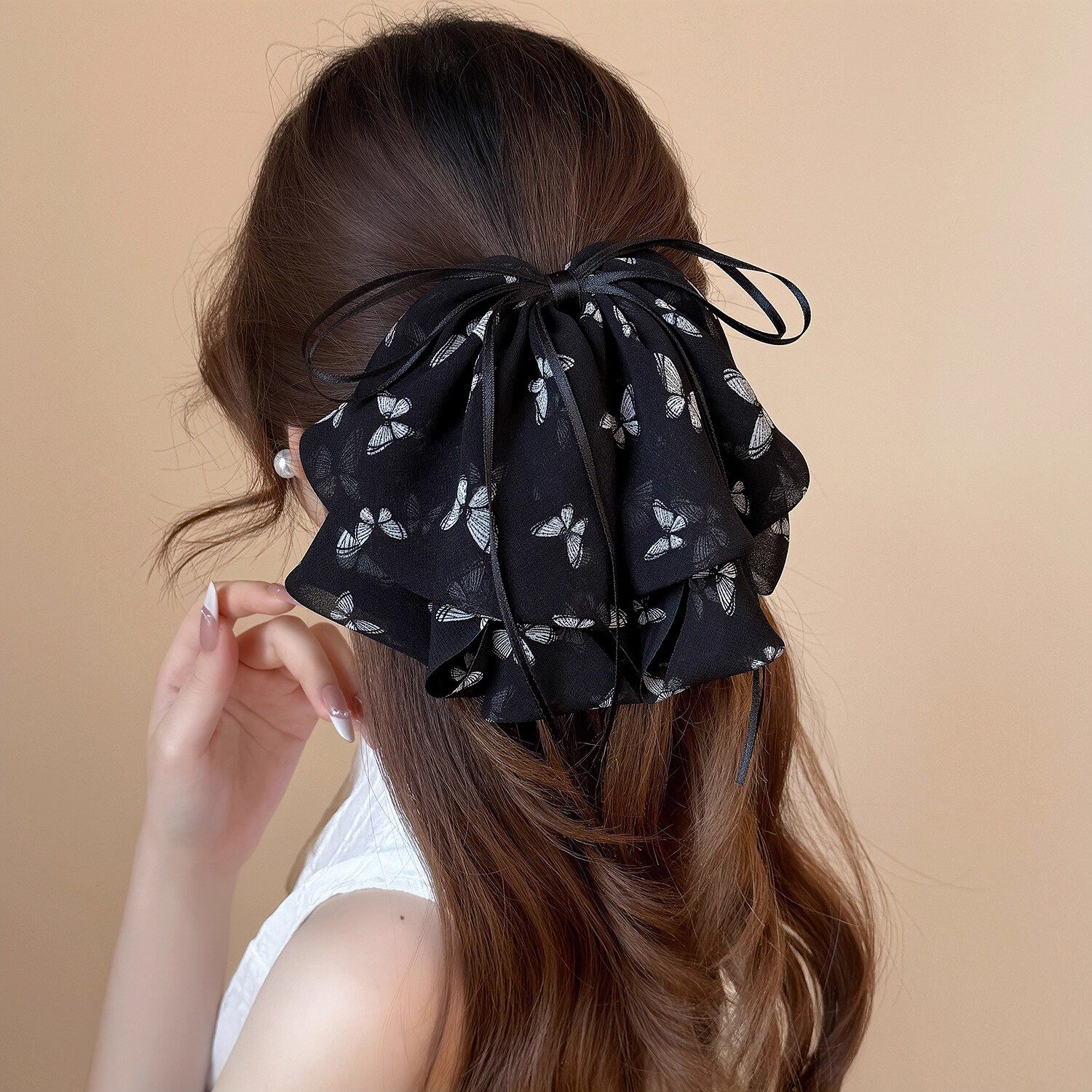 韩系网纱蝴蝶结印花抓夹女高级感