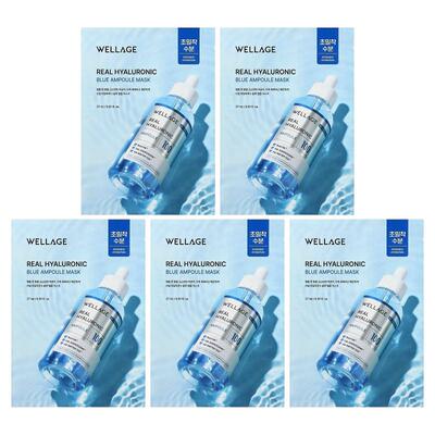 Wellage,Real Hyaluronic Blue Ampoule Beauty Mask, 5 Sheets,