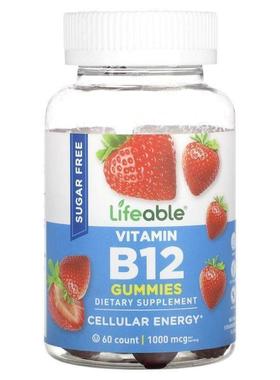 Lifeable,维生素 B2 软糖，无糖，天然草莓味，500 微克，60 粒