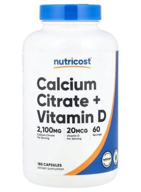 Nutricost,Calcium Citrate + Vitamin D, 180 Capsules