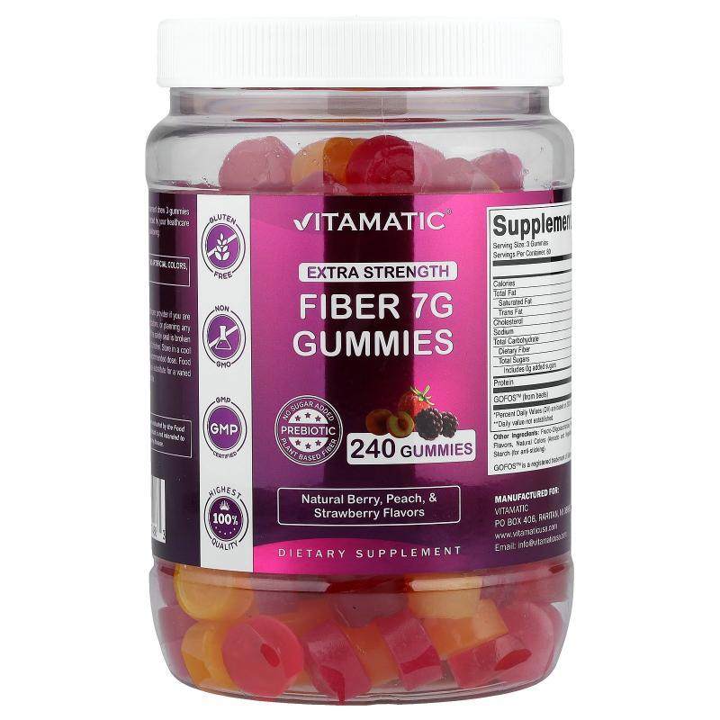 Vitamatic,Fiber Gummies, Extra Strength, Natural Berry, Peac