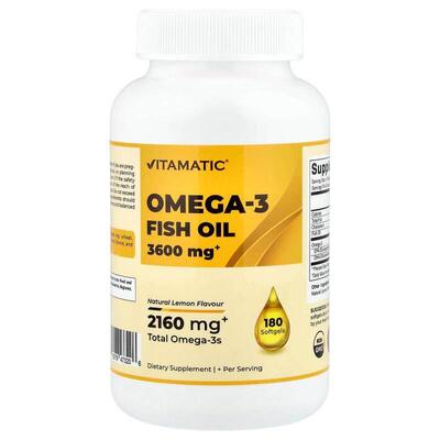 Vitamatic,Omega-3 Fish Oil, Natural Lemon, 180 Softgels (1,2