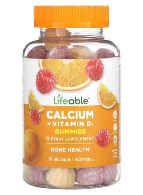 Lifeable,钙 + 维生素 D3 软糖，天然水果味，60 粒