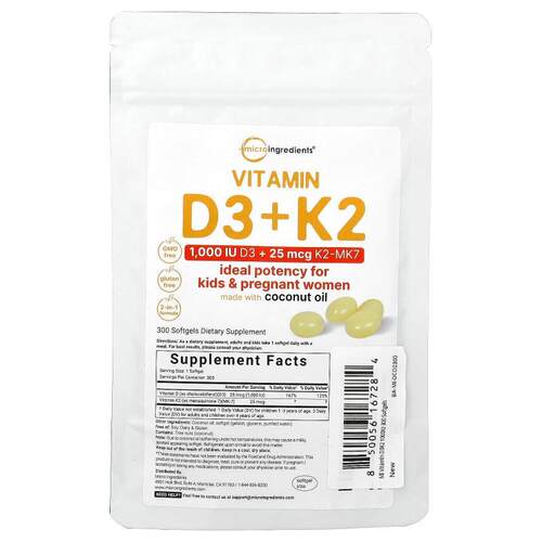 Micro Ingredients,维生素 D3 + K2，300 粒软胶囊