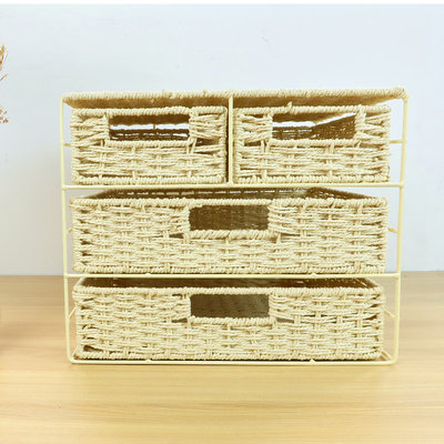 多层编织置物架框架抽屉式收纳盒办公室桌面分格收纳W盒杂物收纳