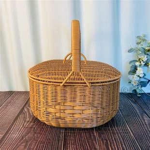 W035带盖椭圆手提篮家用纯手工简创意约户外果蔬篮P野餐篮40
