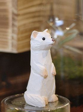 包邮 鹿妖商店 伶鼬 白鼬 雪貂 纯G手工木雕摆件 实木动物雕塑