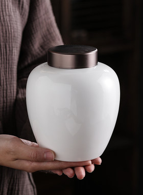 羊脂玉白瓷茶叶j罐锡合金陶瓷金属盖密封罐防潮家用储存罐德化白