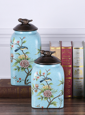 美式乡村花鸟陶瓷花n瓶储物罐家居软装饰品客厅玄关酒柜样板房摆