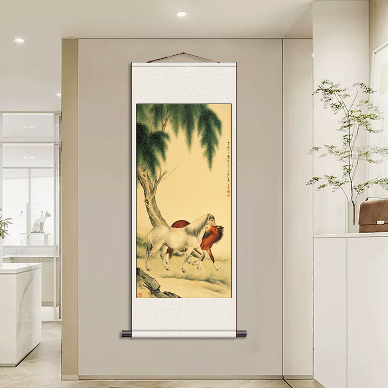 花鸟画卷轴画马到成功q八骏图酒店挂画丝绸卷轴画名家字画客户礼