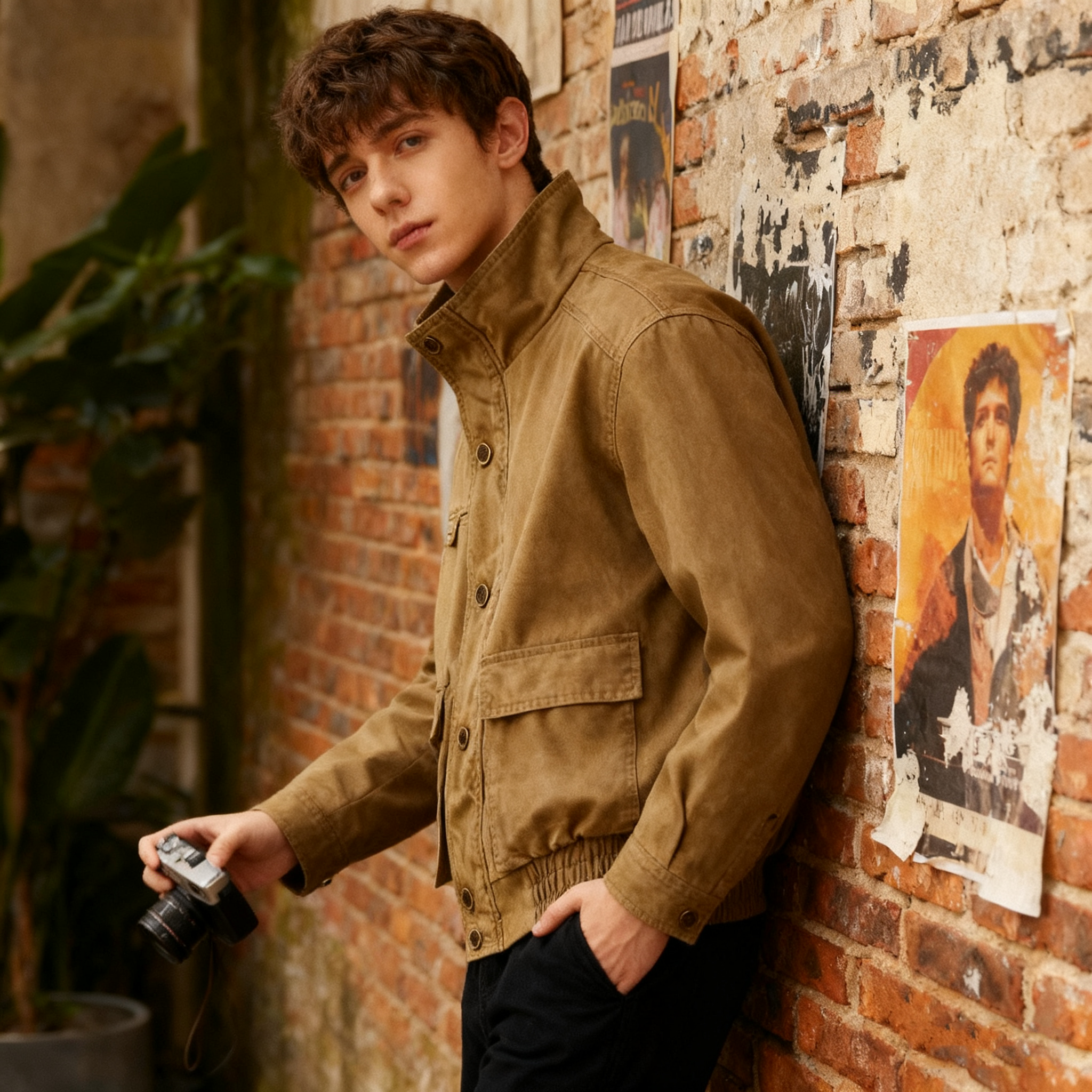 2025秋冬季新款美式复古山系重磅立领卡其色牛仔硬挺夹克外套男