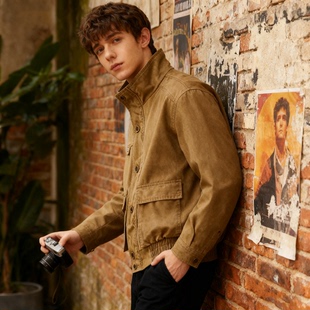 2025秋冬季新款美式复古山系重磅立领卡其色牛仔硬挺夹克外套男