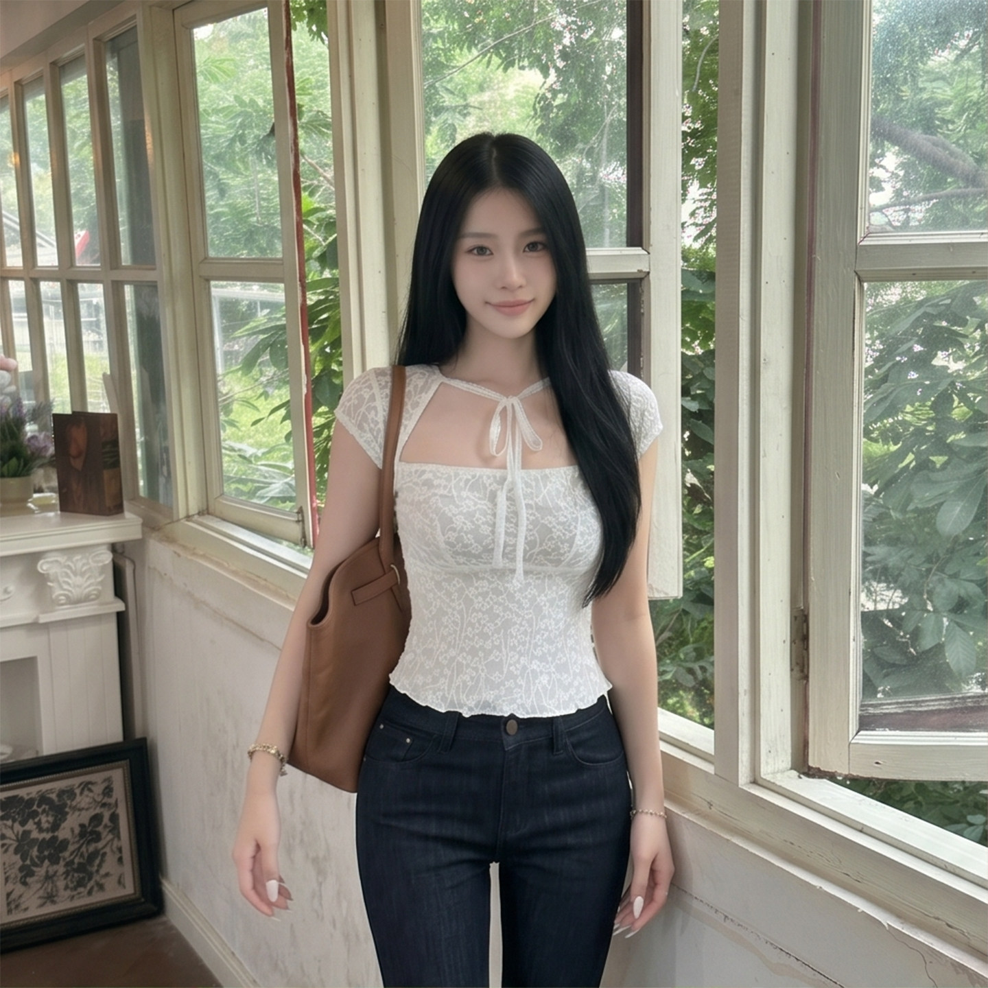 韩系蕾丝方领短袖T恤女夏