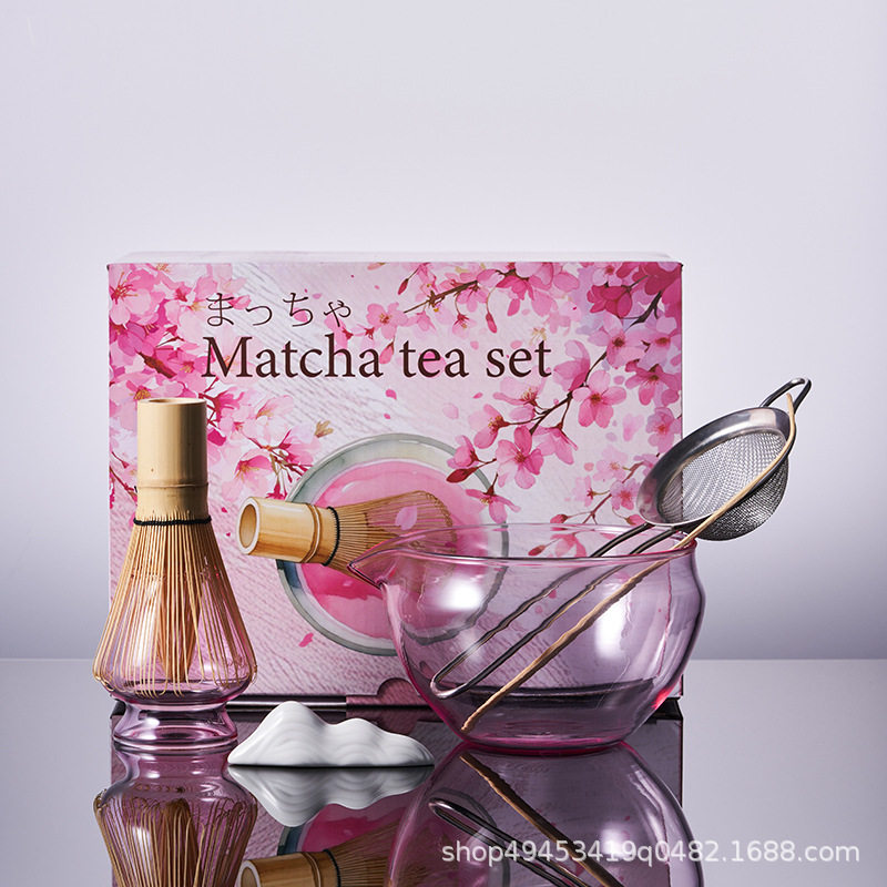 跨境新品高硼硅锤目纹玻璃抹茶点茶碗茶筅冰沙冷泡带嘴分茶碗套装