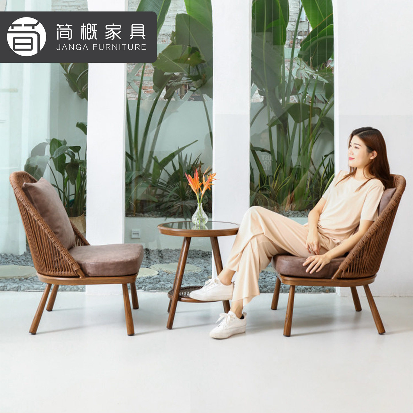 网红仿木纹金属藤椅三件套