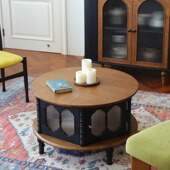 法式 复古圆形茶几小户型客厅家用茶台中古风纯实木茶桌玻璃咖啡桌