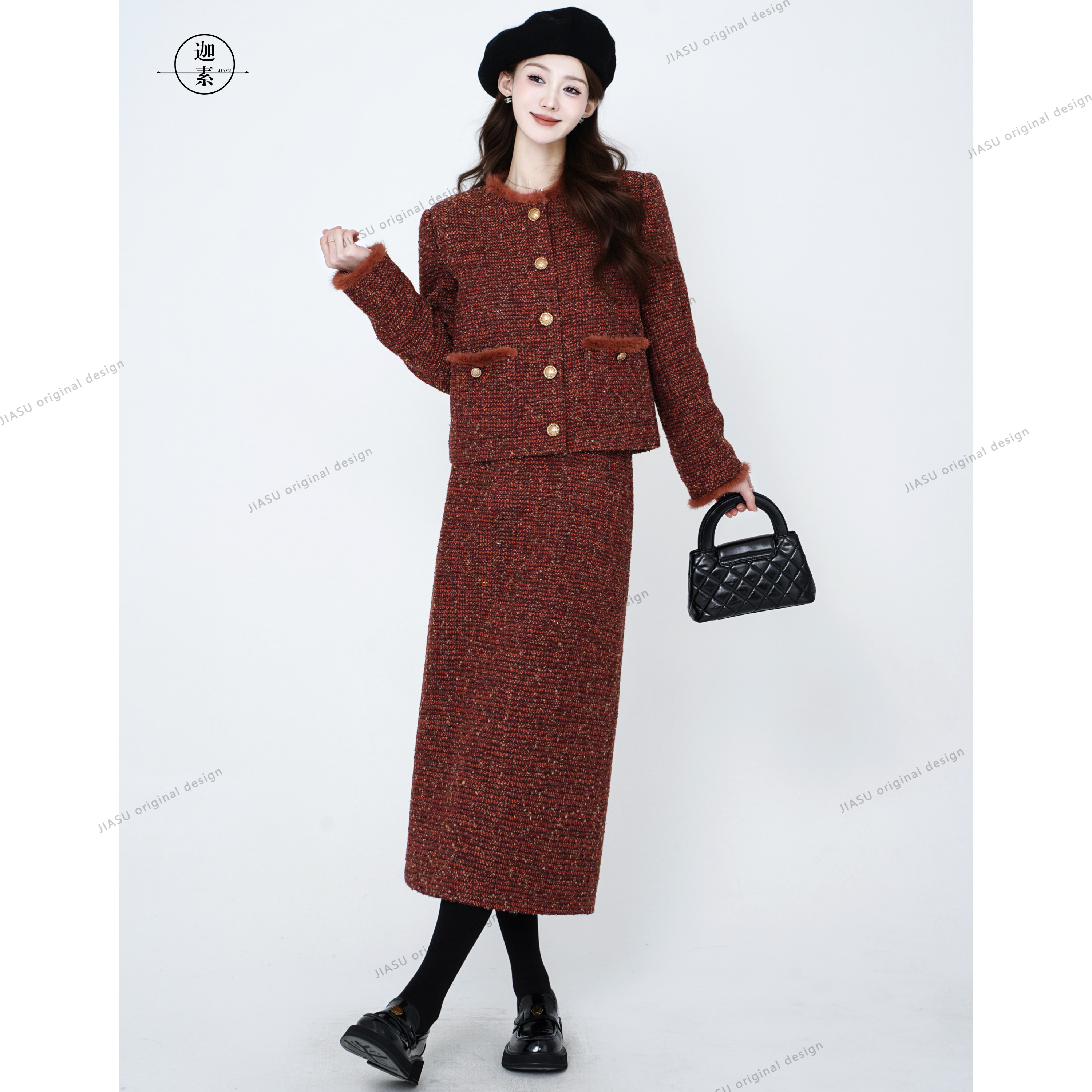 JIASU 【暖纱织梦】20羊毛定制粗花呢羊毛小香风羽绒套装S600