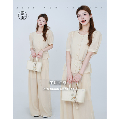 JIASU 【午后红茶】2026夏季老钱风亚麻莱赛尔泡泡袖套装 S725
