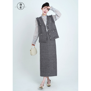 迦素JIASU 25年秋格雷老钱风松弛小香风三件套S531 凡尔赛迷雾