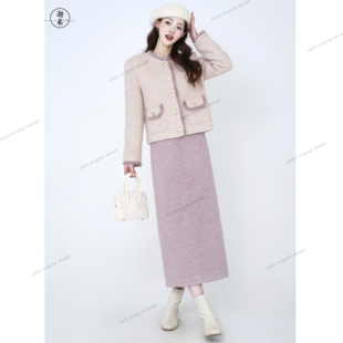 水貂毛拼色显白小香风羽绒套装 2025冬季 S608 浅芋晚风 JIASU