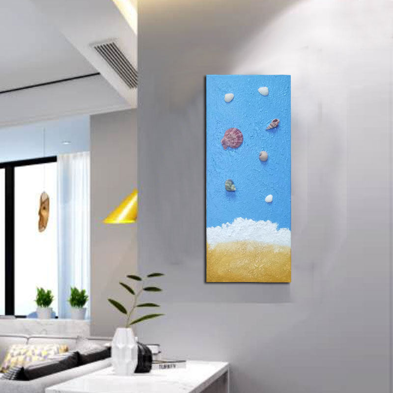 纯手绘油画竖版海螺贝壳创意立体沙滩海浪无框肌理画丙烯装饰挂画
