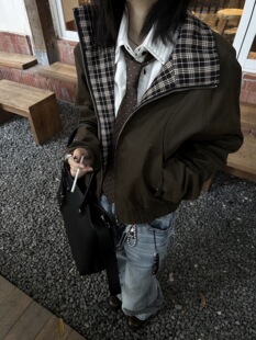 ONEER cleanfit立领胶蜡老钱巴恩风哈灵顿千鸟格纹拼接夹克外套