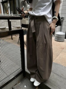 ONEER 灰卡其色流光霜感腰带剑道打褶低腰宽松阔腿弯刀休闲裤