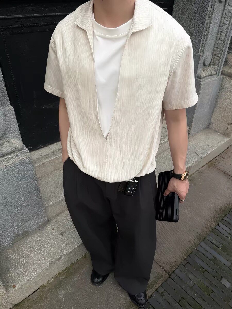 Nova 兰玉条纹醋酸亚麻衬衫短袖男深V开襟设计假两件上衣cleanfit