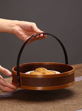 大漆藤编a竹编提篮茶具收纳盒仿古食盒中秋月饼礼盒篮子圆形茶包