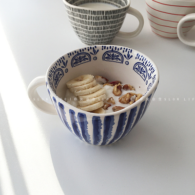 日式手捏不规则陶瓷燕麦杯 ins马克杯早餐牛奶杯V麦片碗8328