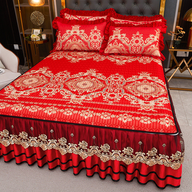 夏季床裙软席冰丝乳胶凉席三件套可水洗欧式可Q拆花边床罩结婚红