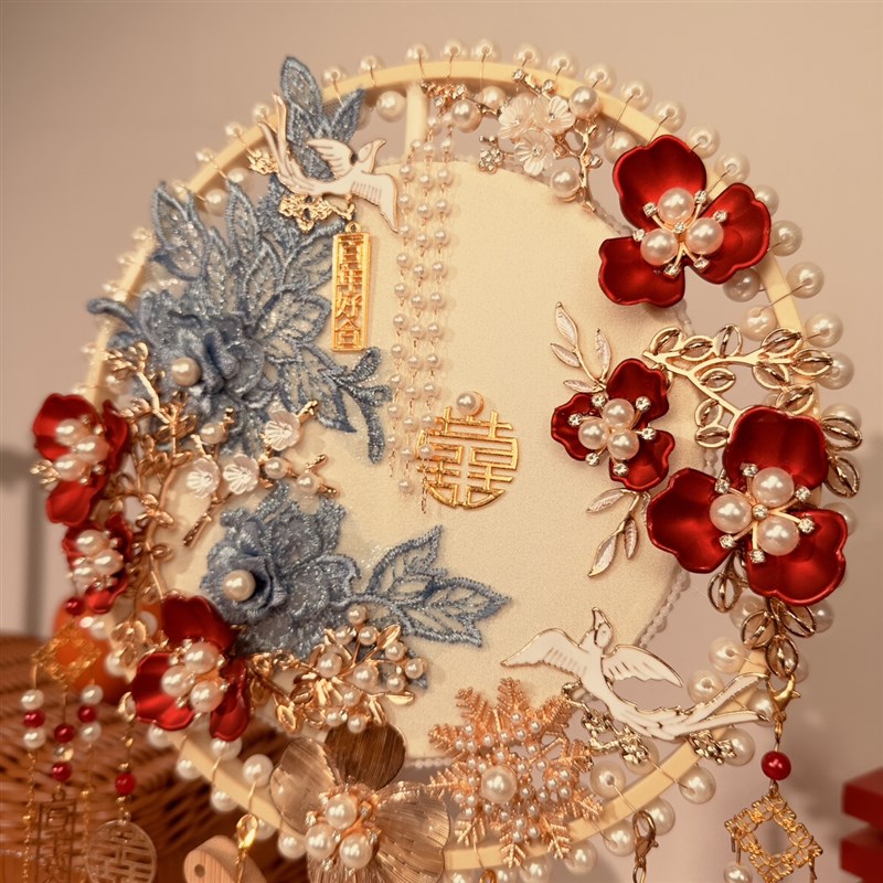 中式婚礼团扇喜扇新娘结秀禾出嫁婚C扇高级diy材料包成品扇子蓝色