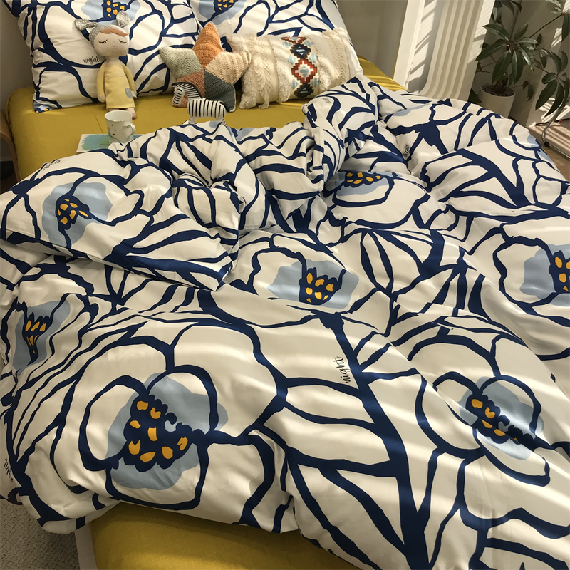 蓝色欧美式写意田园风床上四件套全棉纯棉文艺1.R5m米被套床单民