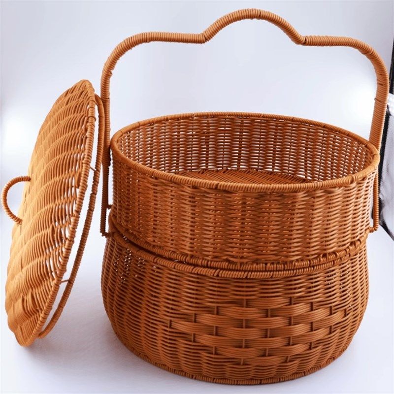 拜拜祖宗篮子手提k篮仿藤带盖野餐圆形双层超特大号藤编手工编织,收纳整理,购物篮,淘宝优惠券,粉丝福利购,淘宝优惠卷