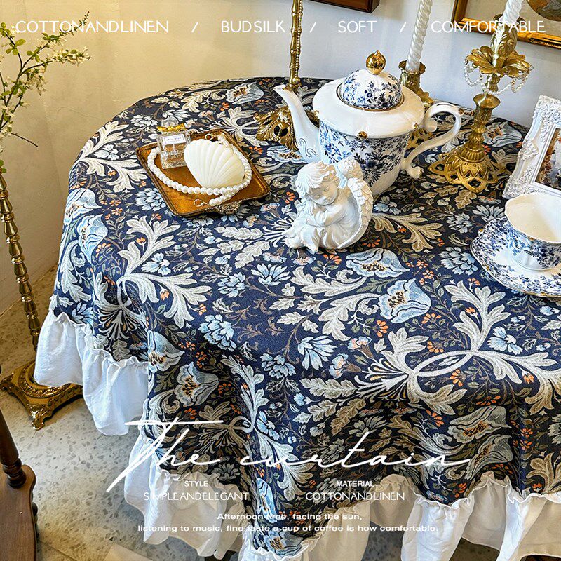 美式乡村复古棉布印花长方形桌布茶几餐桌布防S尘台布荷叶边盖布