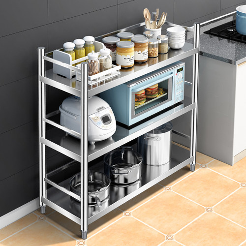 304厨房置物架带围栏3o4不锈钢加厚储物微波炉收纳架子Y落地多层