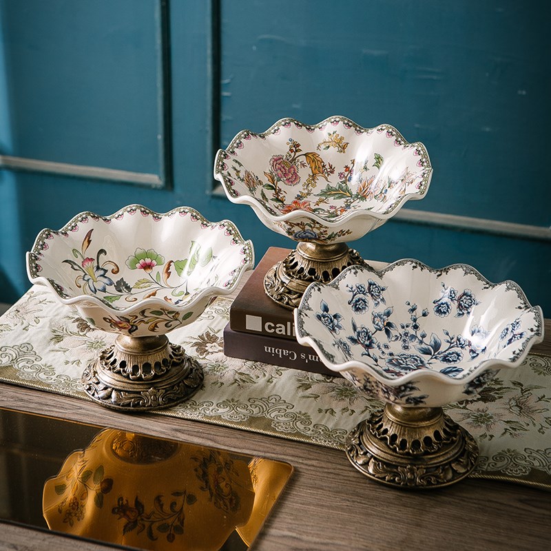 美式陶瓷家用轻奢果盘托盘t客厅欧式复古高脚水果盘高档高颜值摆