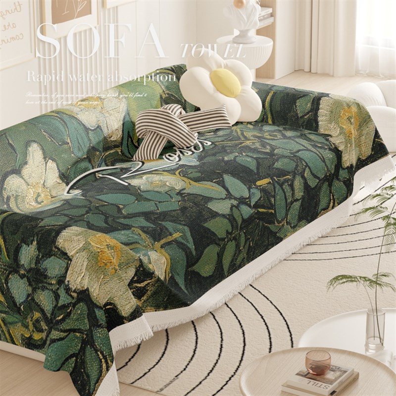 梵高油画美式万i能沙发巾盖针织布全盖沙发垫套罩盖毯单三人四季