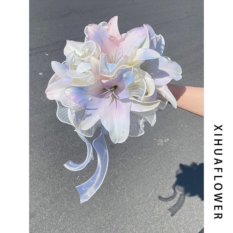ins风人鱼姬百合新娘手捧花仿真C抛花球领证假花结婚礼婚纱照道具