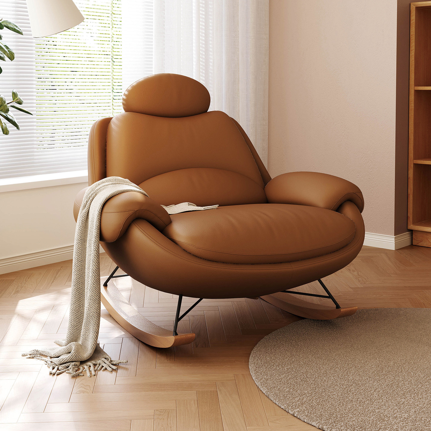 现代极简约焦糖色真皮沙发摇摇椅客厅阳台小户型头层牛皮单人位款