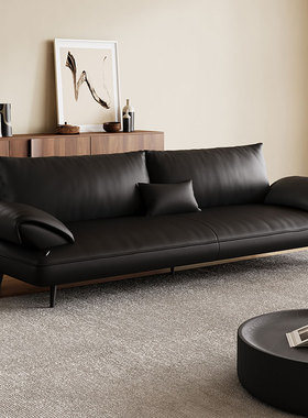 意式极简黑色头层真牛皮沙发客厅小户型直排现代帆船皮艺沙发新款